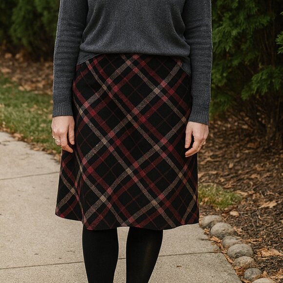 TRIBAL | Black, Black & Cream Tartan Plaid Wool Midi Skirt - Picture 1 of 6